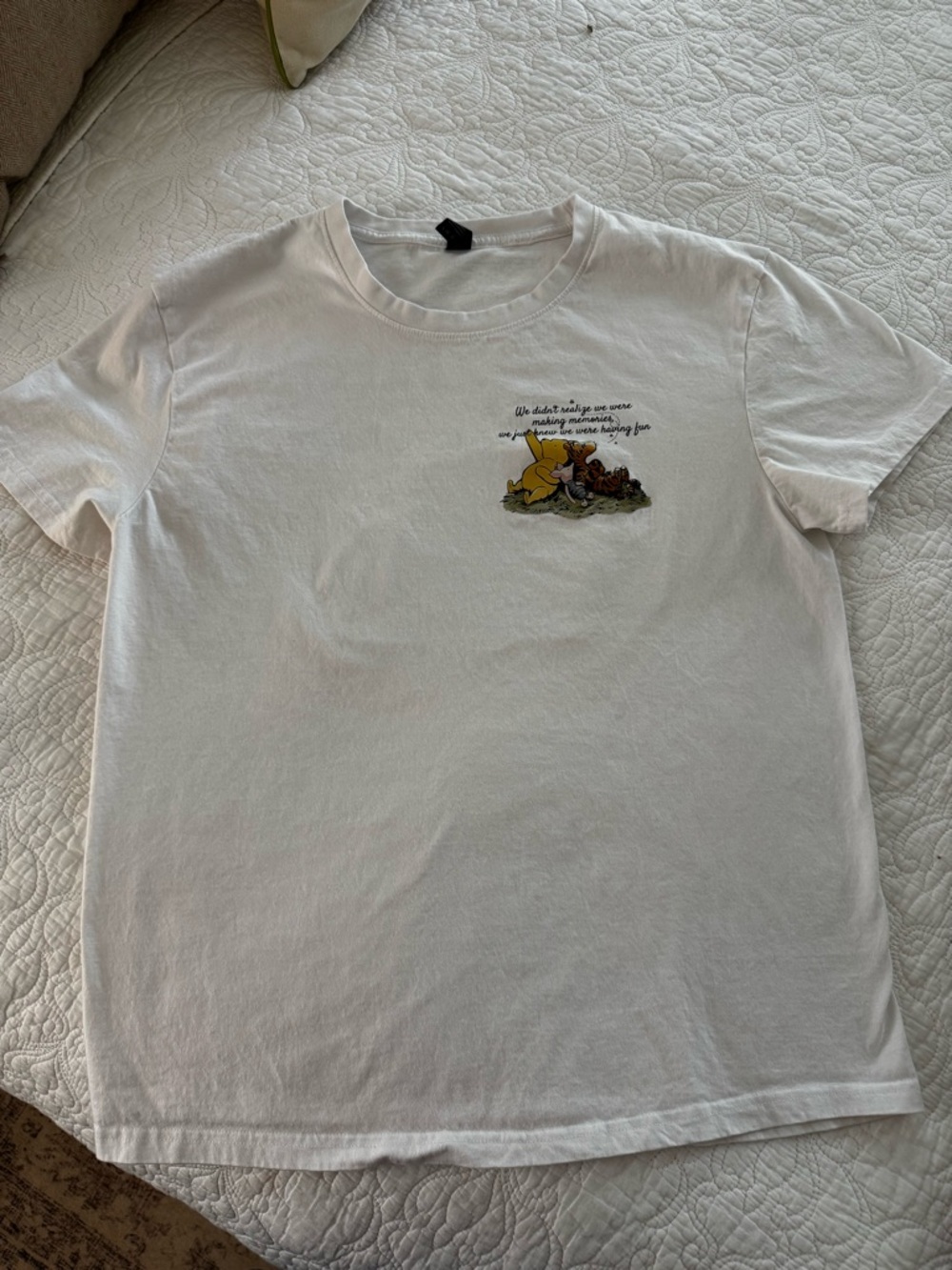 100%cotton White Graphic Tee with Small Winnie-the-Pooh Chest Print